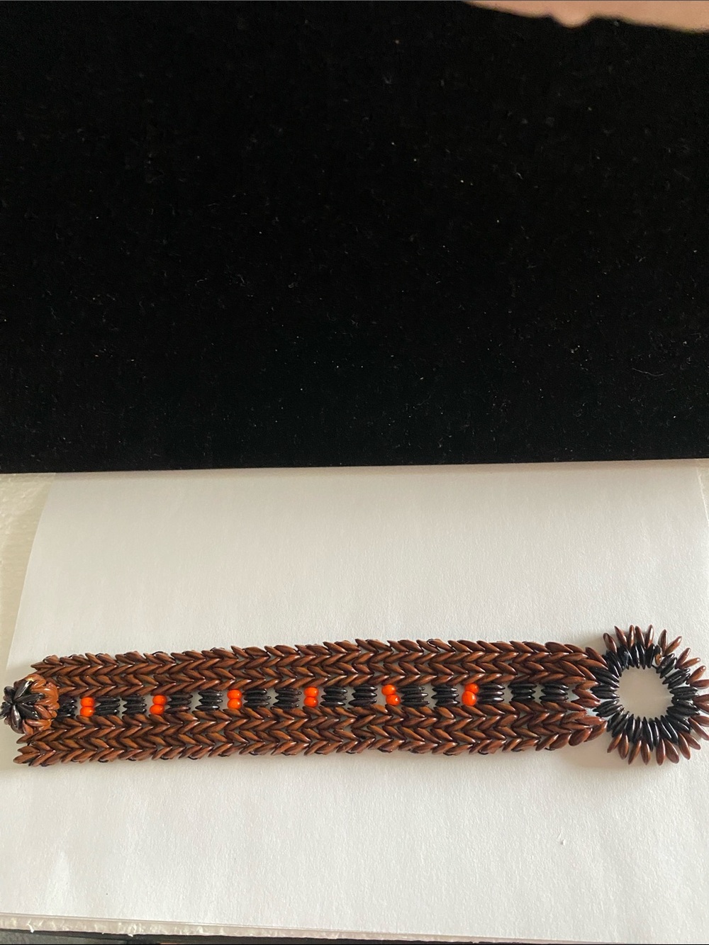 Handmade Brown Seed Beaded Bracelet with Orange Accents